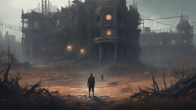 A barren, post-apocalyptic landscape with skeletal ruins, overgrown gardens, and a lone figure standing amidst the desolation, surrounded by flickering lanterns and a distant hint of a broken clock tower.