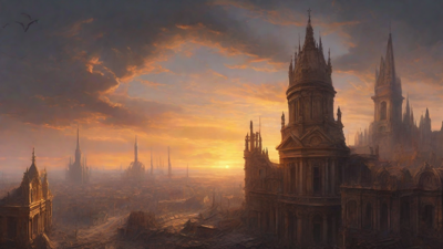 A hauntingly beautiful, ruined cityscape, with crumbling spires and grand architecture, set against a backdrop of a perpetual, golden sunset, with a lone figure dancing amidst the ruins.