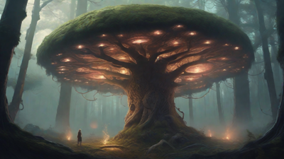 A bleak, mystical forest, where ancient trees loom over a clearing, surrounded by a ring of mushrooms, and a faint glow emanates from a lone, glowing artifact, pulsing with an otherworldly energy.