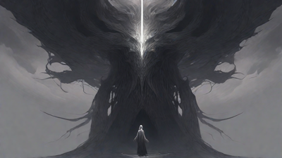 As the void's abyssal silence envelops them, a figure stands at the edge, their footsteps echoing through the void, guided by an unseen power that pushes them towards an otherworldly realm, where eternal rebirth awaits.
