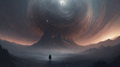 In a swirling void, a lone figure stands on the abyssal precipice, illuminated by the dying star, as they embark on a perilous journey through eternal darkness towards an unknown and mysterious destination.