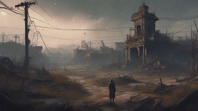 A barren, post-apocalyptic landscape with skeletal ruins, overgrown gardens, and a lone figure standing amidst the desolation, surrounded by flickering lanterns and a distant hint of a broken clock tower.