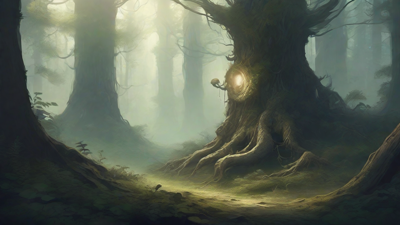 A bleak, mystical forest, where ancient trees loom over a clearing, surrounded by a ring of mushrooms, and a faint glow emanates from a lone, glowing artifact, pulsing with an otherworldly energy.