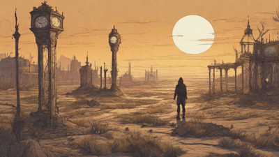 Barren wasteland, skeletal ruins, overgrown gardens, lone figure, flickering lanterns, and a broken clock tower in the distance, set against a perpetual golden sunset.