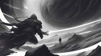 Guided by the void's dark whispers, a lone traveler ventures into the abyss, navigating through a realm of eternal darkness, guided by an unknown force that seeks rebirth and liberation from the void's grasp.