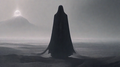As the void's abyssal silence envelops them, a figure stands at the edge, their footsteps echoing through the void, guided by an unseen power that pushes them towards an otherworldly realm, where eternal rebirth awaits.