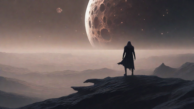 In a swirling void, a lone figure stands on the abyssal precipice, illuminated by the dying star, as they embark on a perilous journey through eternal darkness towards an unknown and mysterious destination.