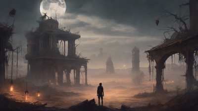 A barren, post-apocalyptic landscape with skeletal ruins, overgrown gardens, and a lone figure standing amidst the desolation, surrounded by flickering lanterns and a distant hint of a broken clock tower.