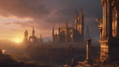 A hauntingly beautiful, ruined cityscape, with crumbling spires and grand architecture, set against a backdrop of a perpetual, golden sunset, with a lone figure dancing amidst the ruins.