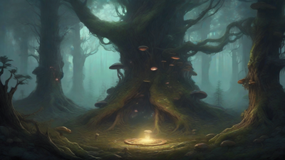A bleak, mystical forest, where ancient trees loom over a clearing, surrounded by a ring of mushrooms, and a faint glow emanates from a lone, glowing artifact, pulsing with an otherworldly energy.