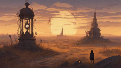 Barren wasteland, skeletal ruins, overgrown gardens, lone figure, flickering lanterns, and a broken clock tower in the distance, set against a perpetual golden sunset.