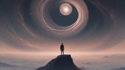In the depths of a swirling void, a lone figure stands at the precipice, illuminated only by the faint glow of a dying star, as they embark on a perilous journey through the abyss towards an unknown destination.