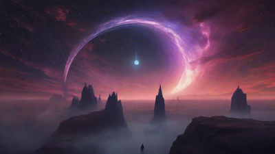 In a swirling void, a lone figure stands on the abyssal precipice, illuminated by the dying star, as they embark on a perilous journey through eternal darkness towards an unknown and mysterious destination.