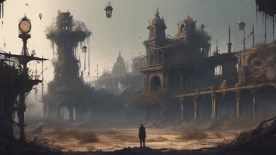 A barren, post-apocalyptic landscape with skeletal ruins, overgrown gardens, and a lone figure standing amidst the desolation, surrounded by flickering lanterns and a distant hint of a broken clock tower.