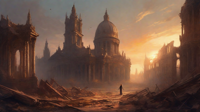 A hauntingly beautiful, ruined cityscape, with crumbling spires and grand architecture, set against a backdrop of a perpetual, golden sunset, with a lone figure dancing amidst the ruins.