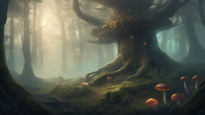 A bleak, mystical forest, where ancient trees loom over a clearing, surrounded by a ring of mushrooms, and a faint glow emanates from a lone, glowing artifact, pulsing with an otherworldly energy.