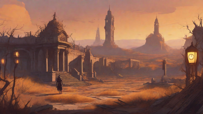 Barren wasteland, skeletal ruins, overgrown gardens, lone figure, flickering lanterns, and a broken clock tower in the distance, set against a perpetual golden sunset.