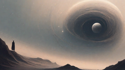 In the depths of a swirling void, a lone figure stands at the precipice, illuminated only by the faint glow of a dying star, as they embark on a perilous journey through the abyss towards an unknown destination.