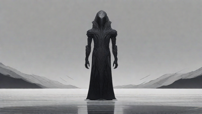 As the void's abyssal silence envelops them, a figure stands at the edge, their footsteps echoing through the void, guided by an unseen power that pushes them towards an otherworldly realm, where eternal rebirth awaits.