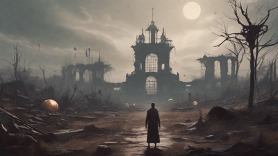 A barren, post-apocalyptic landscape with skeletal ruins, overgrown gardens, and a lone figure standing amidst the desolation, surrounded by flickering lanterns and a distant hint of a broken clock tower.