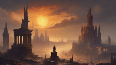 A hauntingly beautiful, ruined cityscape, with crumbling spires and grand architecture, set against a backdrop of a perpetual, golden sunset, with a lone figure dancing amidst the ruins.