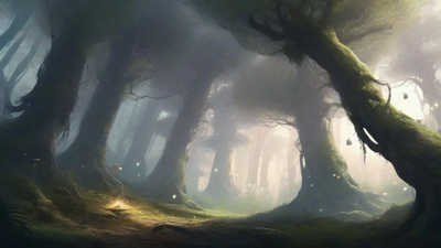 A bleak, mystical forest, where ancient trees loom over a clearing, surrounded by a ring of mushrooms, and a faint glow emanates from a lone, glowing artifact, pulsing with an otherworldly energy.