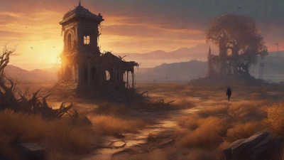 Barren wasteland, skeletal ruins, overgrown gardens, lone figure, flickering lanterns, and a broken clock tower in the distance, set against a perpetual golden sunset.