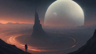 In the depths of a swirling void, a lone figure stands at the precipice, illuminated only by the faint glow of a dying star, as they embark on a perilous journey through the abyss towards an unknown destination.