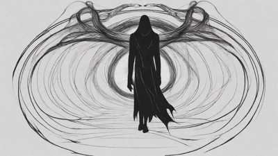 As the void's abyssal silence envelops them, a figure stands at the edge, their footsteps echoing through the void, guided by an unseen power that pushes them towards an otherworldly realm, where eternal rebirth awaits.