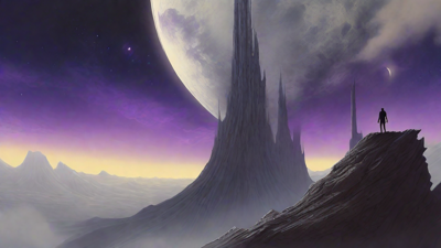 In a swirling void, a lone figure stands on the abyssal precipice, illuminated by the dying star, as they embark on a perilous journey through eternal darkness towards an unknown and mysterious destination.