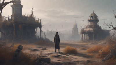 A barren, post-apocalyptic landscape with skeletal ruins, overgrown gardens, and a lone figure standing amidst the desolation, surrounded by flickering lanterns and a distant hint of a broken clock tower.