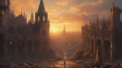 A hauntingly beautiful, ruined cityscape, with crumbling spires and grand architecture, set against a backdrop of a perpetual, golden sunset, with a lone figure dancing amidst the ruins.
