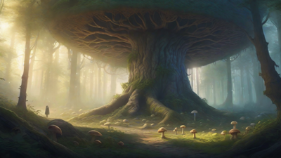A bleak, mystical forest, where ancient trees loom over a clearing, surrounded by a ring of mushrooms, and a faint glow emanates from a lone, glowing artifact, pulsing with an otherworldly energy.