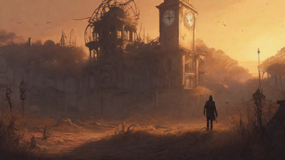 Barren wasteland, skeletal ruins, overgrown gardens, lone figure, flickering lanterns, and a broken clock tower in the distance, set against a perpetual golden sunset.