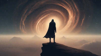 In the depths of a swirling void, a lone figure stands at the precipice, illuminated only by the faint glow of a dying star, as they embark on a perilous journey through the abyss towards an unknown destination.