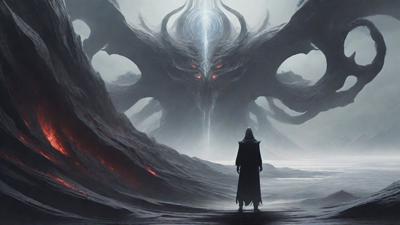 As the void's abyssal silence envelops them, a figure stands at the edge, their footsteps echoing through the void, guided by an unseen power that pushes them towards an otherworldly realm, where eternal rebirth awaits.