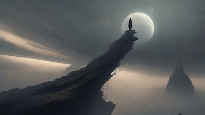 In a swirling void, a lone figure stands on the abyssal precipice, illuminated by the dying star, as they embark on a perilous journey through eternal darkness towards an unknown and mysterious destination.