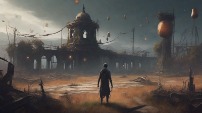 A barren, post-apocalyptic landscape with skeletal ruins, overgrown gardens, and a lone figure standing amidst the desolation, surrounded by flickering lanterns and a distant hint of a broken clock tower.