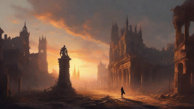 A hauntingly beautiful, ruined cityscape, with crumbling spires and grand architecture, set against a backdrop of a perpetual, golden sunset, with a lone figure dancing amidst the ruins.