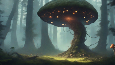 A bleak, mystical forest, where ancient trees loom over a clearing, surrounded by a ring of mushrooms, and a faint glow emanates from a lone, glowing artifact, pulsing with an otherworldly energy.