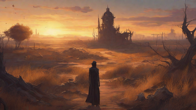 Barren wasteland, skeletal ruins, overgrown gardens, lone figure, flickering lanterns, and a broken clock tower in the distance, set against a perpetual golden sunset.