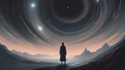 In the depths of a swirling void, a lone figure stands at the precipice, illuminated only by the faint glow of a dying star, as they embark on a perilous journey through the abyss towards an unknown destination.