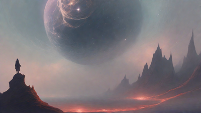 In a swirling void, a lone figure stands on the abyssal precipice, illuminated by the dying star, as they embark on a perilous journey through eternal darkness towards an unknown and mysterious destination.