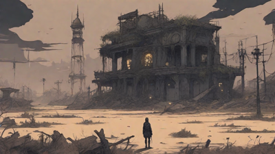 A barren, post-apocalyptic landscape with skeletal ruins, overgrown gardens, and a lone figure standing amidst the desolation, surrounded by flickering lanterns and a distant hint of a broken clock tower.