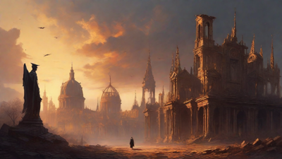 A hauntingly beautiful, ruined cityscape, with crumbling spires and grand architecture, set against a backdrop of a perpetual, golden sunset, with a lone figure dancing amidst the ruins.