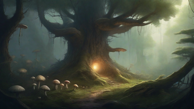 A bleak, mystical forest, where ancient trees loom over a clearing, surrounded by a ring of mushrooms, and a faint glow emanates from a lone, glowing artifact, pulsing with an otherworldly energy.