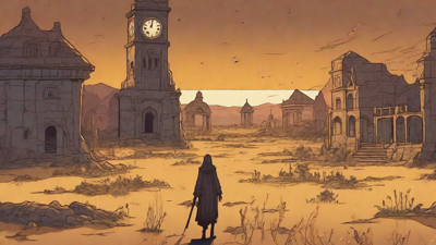 Barren wasteland, skeletal ruins, overgrown gardens, lone figure, flickering lanterns, and a broken clock tower in the distance, set against a perpetual golden sunset.