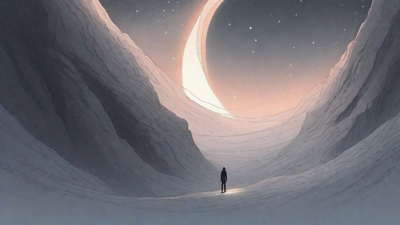In the depths of a swirling void, a lone figure stands at the precipice, illuminated only by the faint glow of a dying star, as they embark on a perilous journey through the abyss towards an unknown destination.