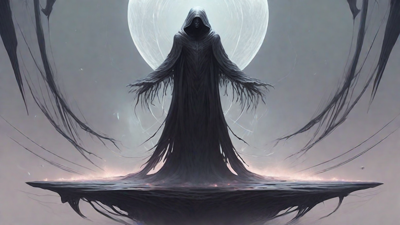 As the void's abyssal silence envelops them, a figure stands at the edge, their footsteps echoing through the void, guided by an unseen power that pushes them towards an otherworldly realm, where eternal rebirth awaits.