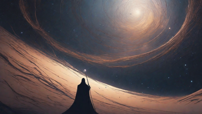 In a swirling void, a lone figure stands on the abyssal precipice, illuminated by the dying star, as they embark on a perilous journey through eternal darkness towards an unknown and mysterious destination.